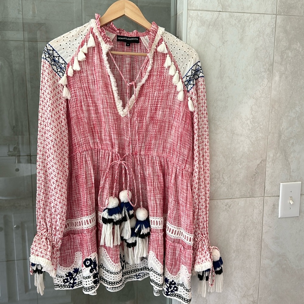 HEMANT & NANDITA Pink and White Mini Dress
